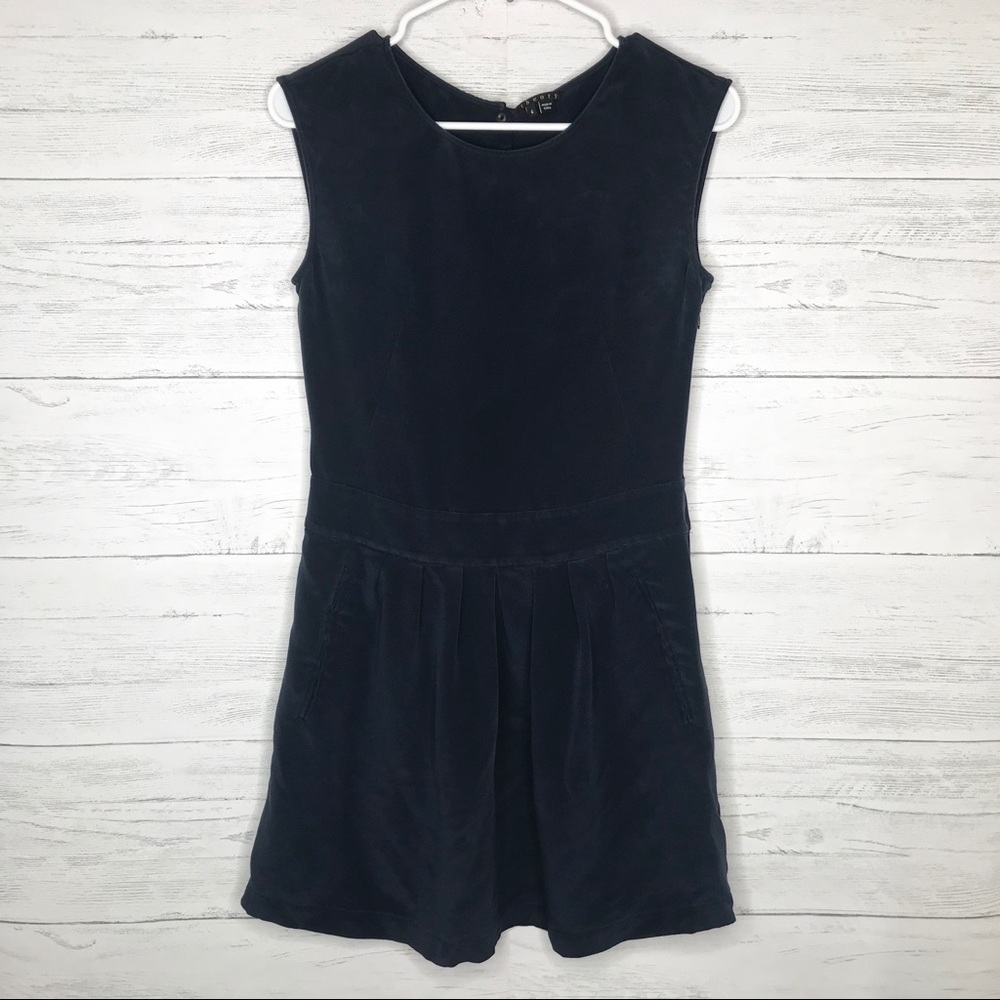 Theory Dark Blue Halleli Glowing Silk Pleat Dress